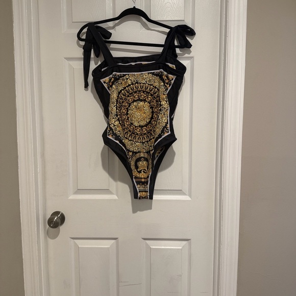 Black and Gold Baroque-Print One-Piece Swimsuit with Tie Straps - Picture 10 of 14